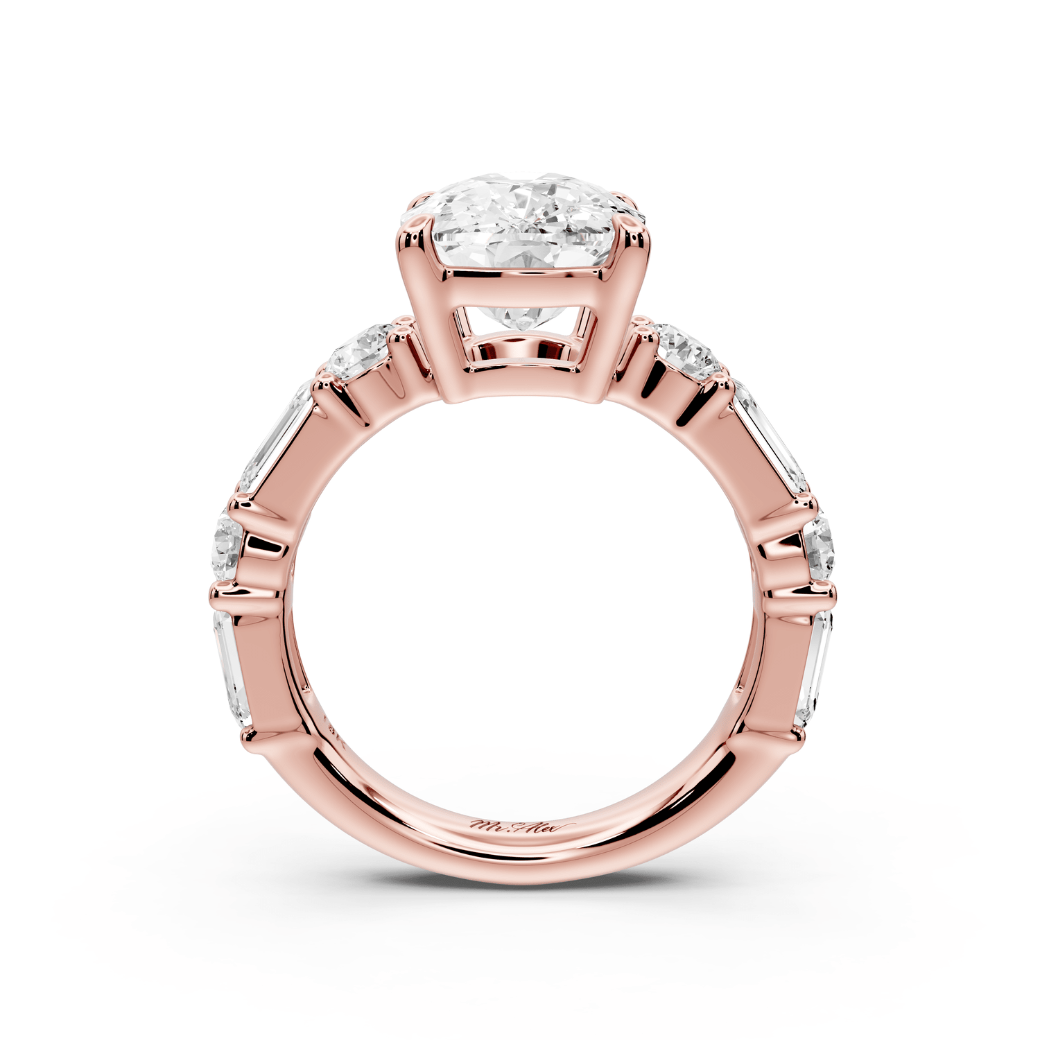 Juliette - 5ct 18k rose gold ecushion with Alternating Round and Emerald 8 - Stone Band Engagement Ring - Mr. Alex Jewelry