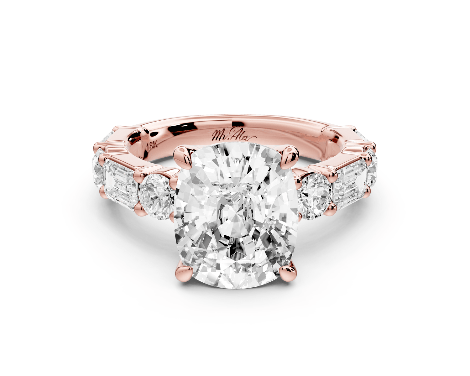 Juliette - 5ct 18k rose gold ecushion with Alternating Round and Emerald 8 - Stone Band Engagement Ring - Mr. Alex Jewelry