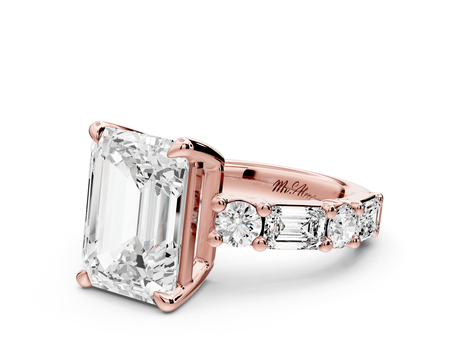 Juliette - 5ct 18k rose gold emerald with Alternating Round and Emerald 8 - Stone Band Engagement Ring - Mr. Alex Jewelry