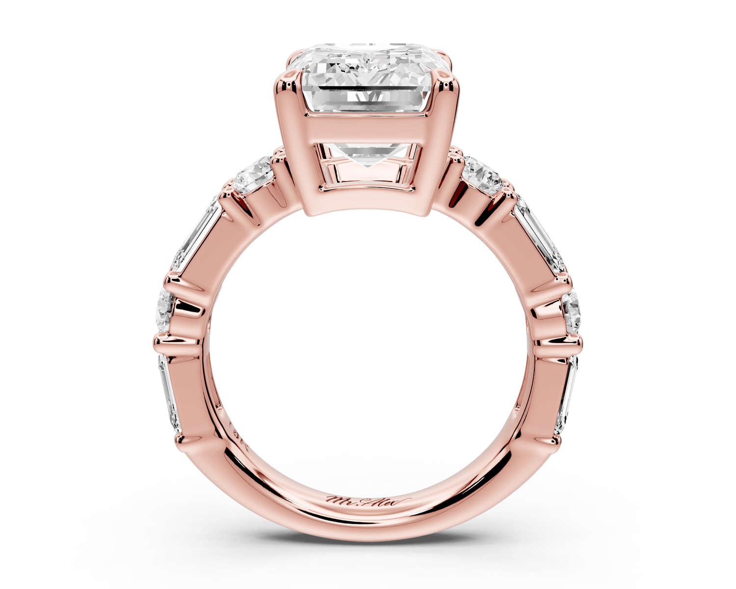 Juliette - 5ct 18k rose gold emerald with Alternating Round and Emerald 8 - Stone Band Engagement Ring - Mr. Alex Jewelry