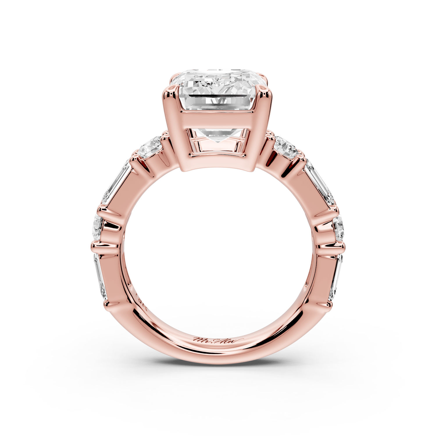 Juliette - 5ct 18k rose gold emerald with Alternating Round and Emerald 8 - Stone Band Engagement Ring - Mr. Alex Jewelry