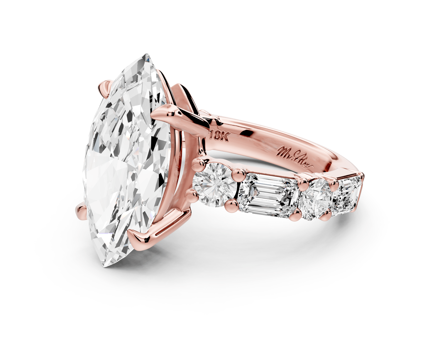 Juliette - 5ct 18k rose gold marquise with Alternating Round and Emerald 8 - Stone Band Engagement Ring - Mr. Alex Jewelry