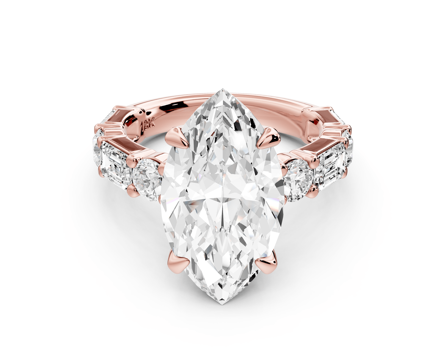 Juliette - 5ct 18k rose gold marquise with Alternating Round and Emerald 8 - Stone Band Engagement Ring - Mr. Alex Jewelry