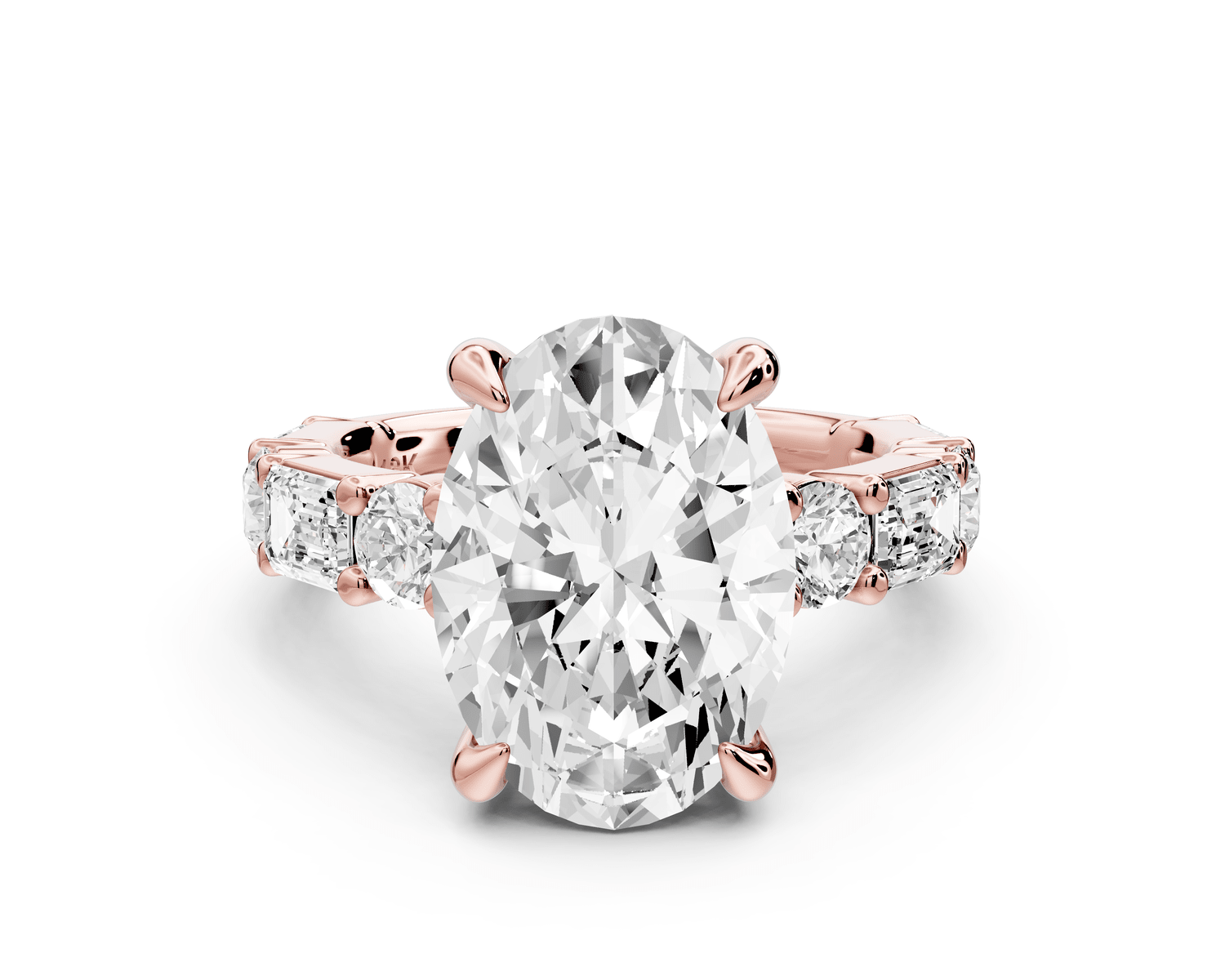 Juliette - 5ct 18k rose gold oval with Alternating Round and Emerald 8 - Stone Band Engagement Ring - Mr. Alex Jewelry