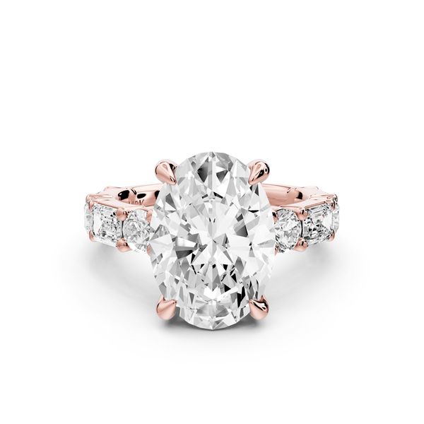 Juliette - 5ct 18k rose gold oval with Alternating Round and Emerald 8 - Stone Band Engagement Ring - Mr. Alex Jewelry