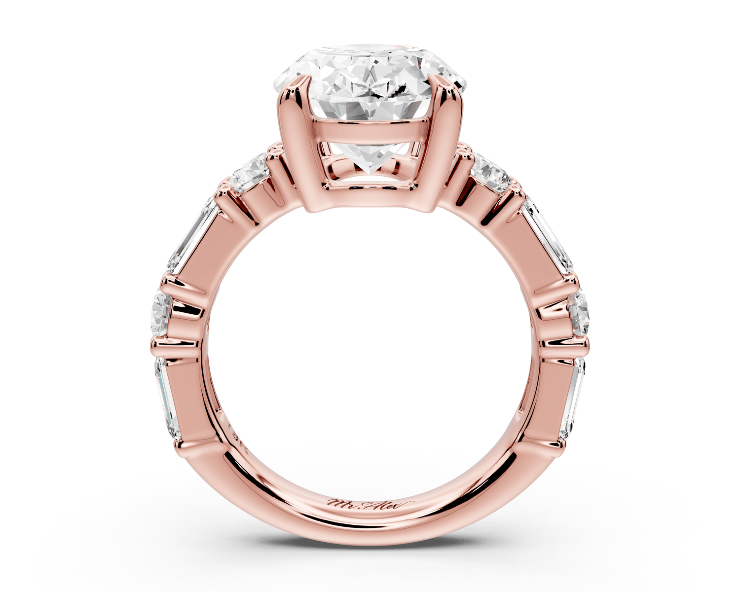 Juliette - 5ct 18k rose gold oval with Alternating Round and Emerald 8 - Stone Band Engagement Ring - Mr. Alex Jewelry