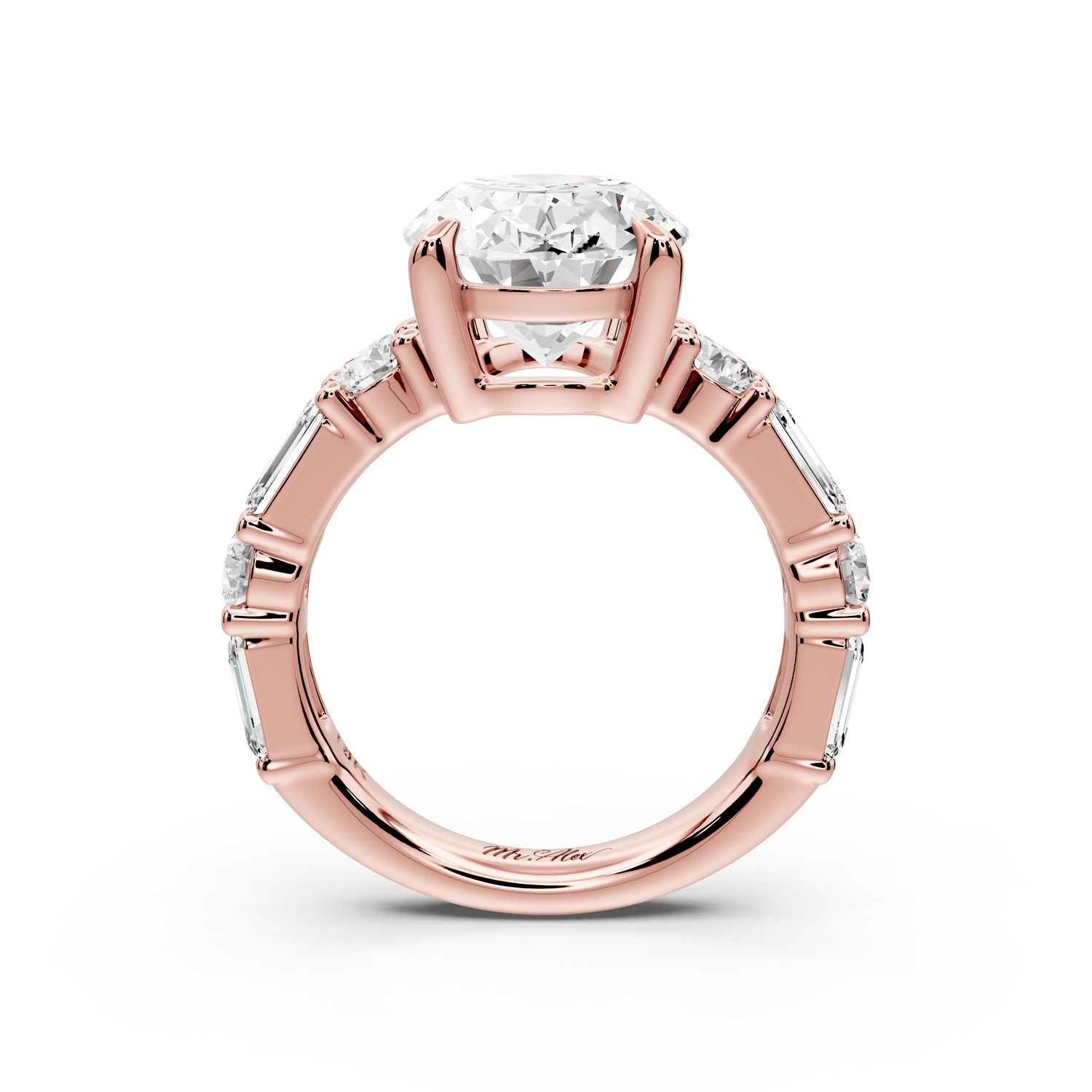 Juliette - 5ct 18k rose gold oval with Alternating Round and Emerald 8 - Stone Band Engagement Ring - Mr. Alex Jewelry