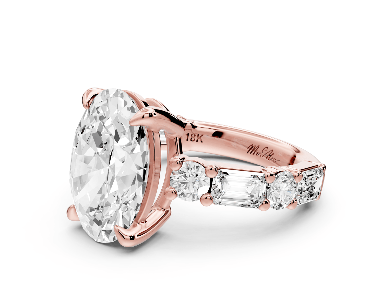 Juliette - 5ct 18k rose gold oval with Alternating Round and Emerald 8 - Stone Band Engagement Ring - Mr. Alex Jewelry