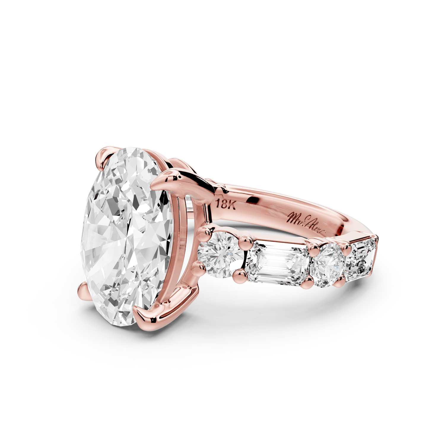 Juliette - 5ct 18k rose gold oval with Alternating Round and Emerald 8 - Stone Band Engagement Ring - Mr. Alex Jewelry