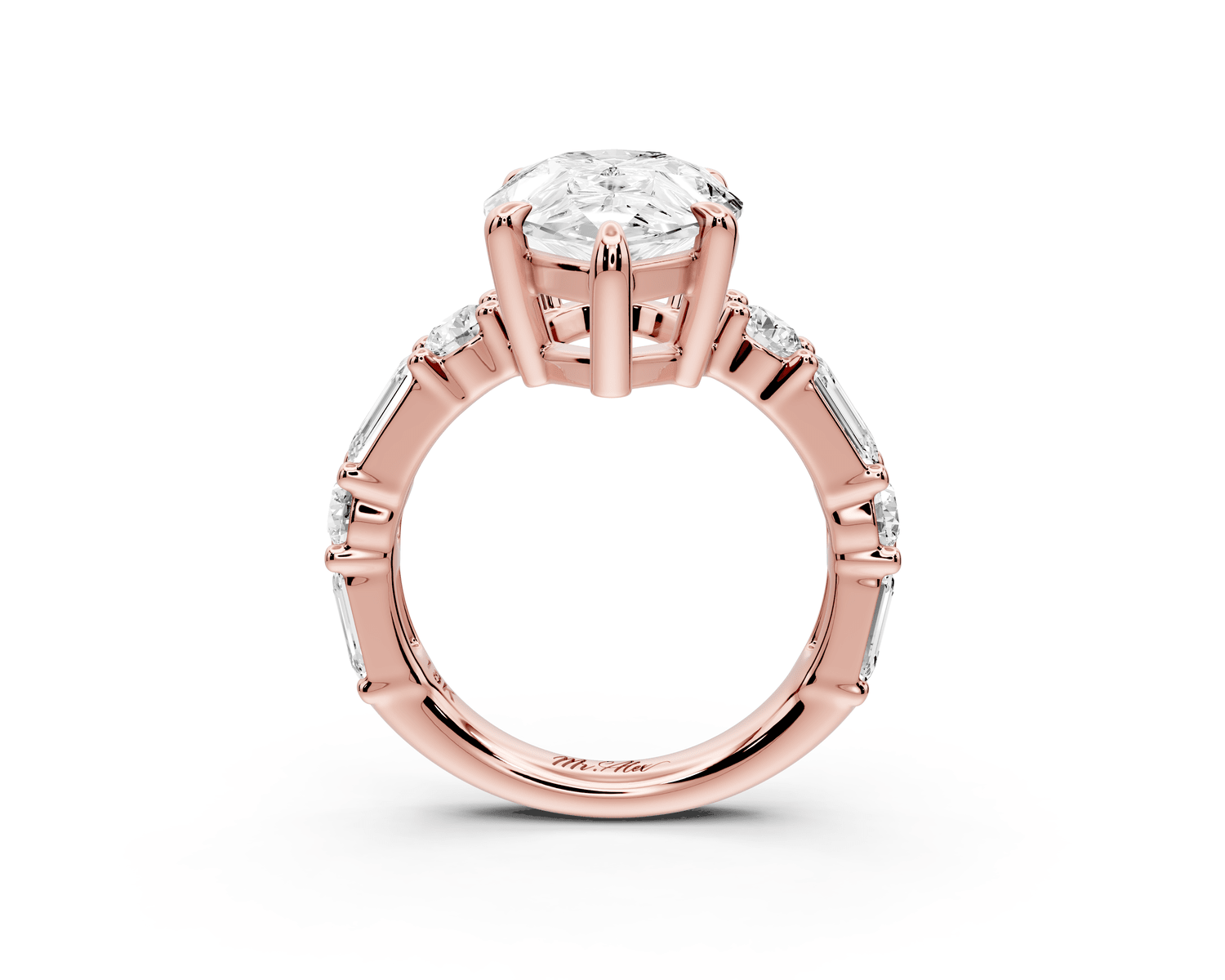Juliette - 5ct 18k rose gold pear with Alternating Round and Emerald 8 - Stone Band Engagement Ring - Mr. Alex Jewelry