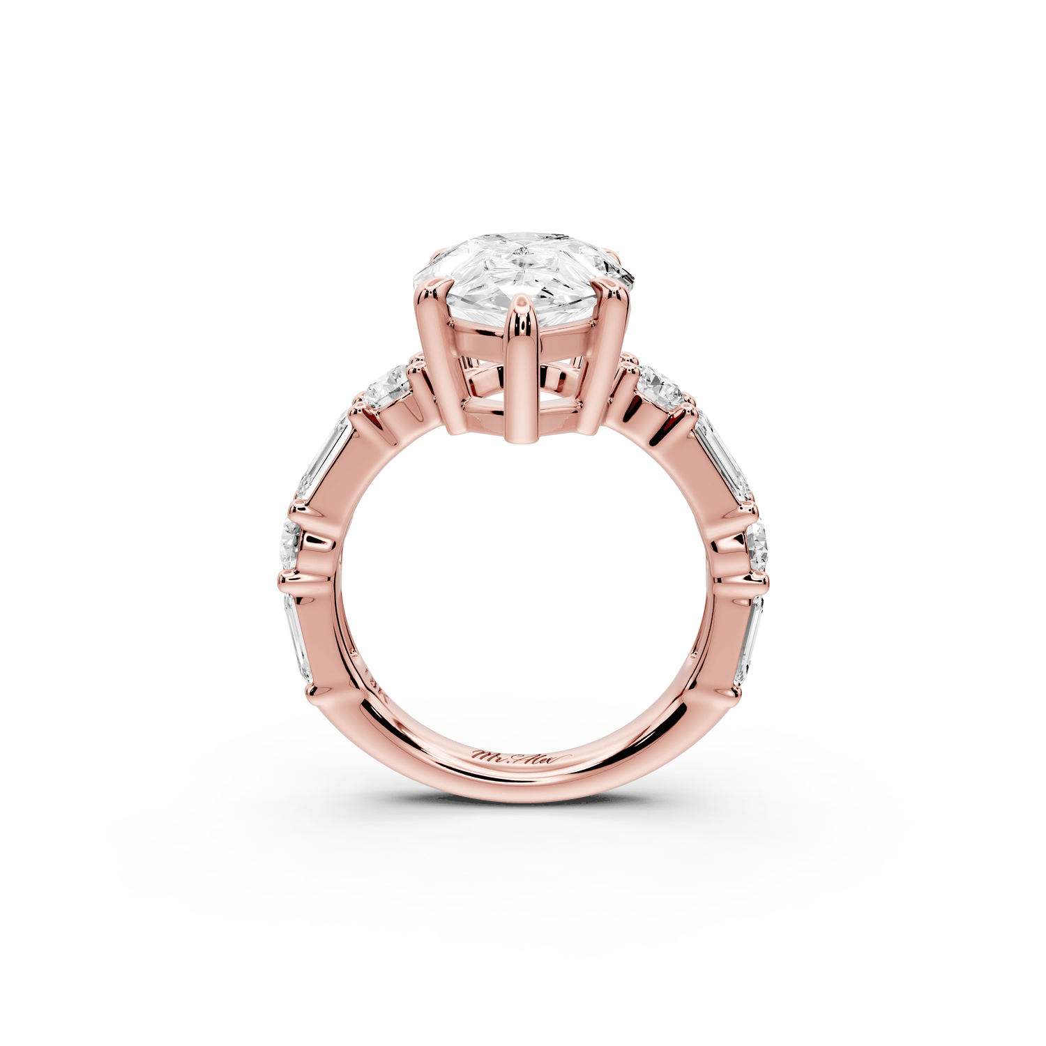 Juliette - 5ct 18k rose gold pear with Alternating Round and Emerald 8 - Stone Band Engagement Ring - Mr. Alex Jewelry