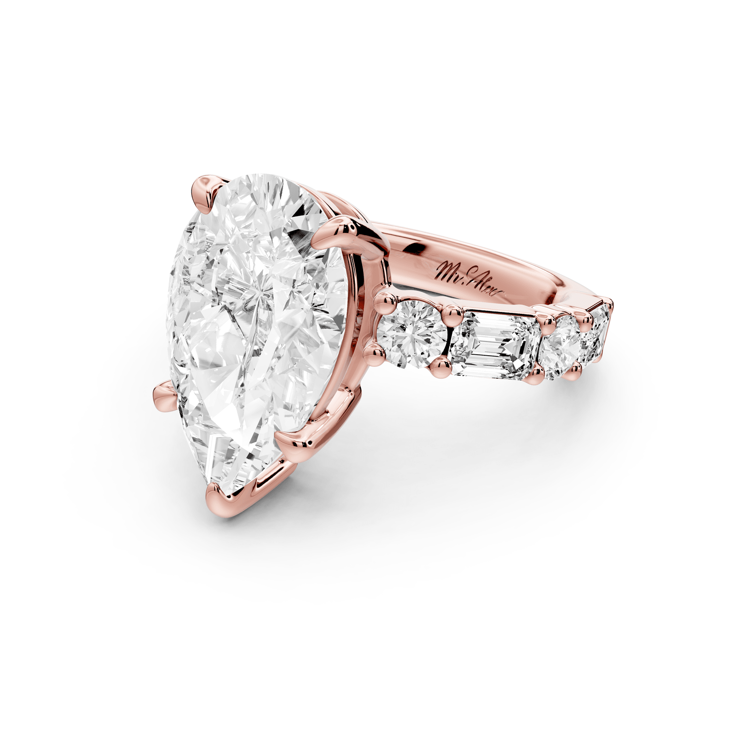 Juliette - 5ct 18k rose gold pear with Alternating Round and Emerald 8 - Stone Band Engagement Ring - Mr. Alex Jewelry