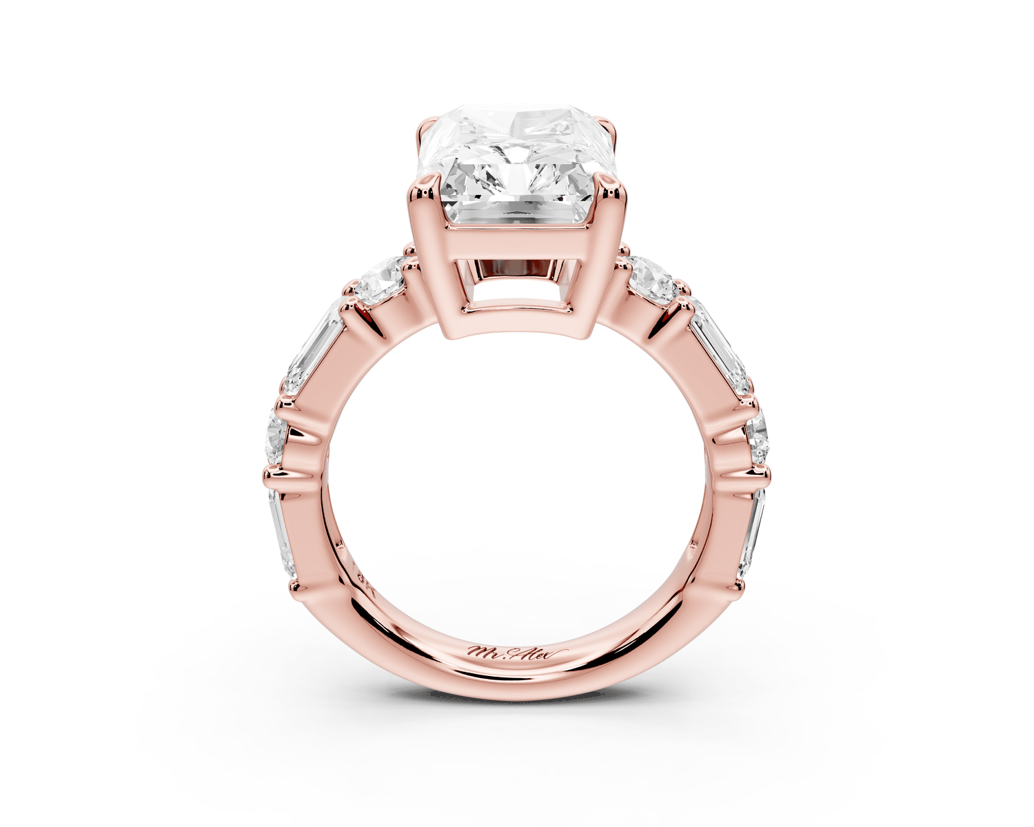 Juliette - 5ct 18k rose gold radiant with Alternating Round and Emerald 8 - Stone Band Engagement Ring - Mr. Alex Jewelry