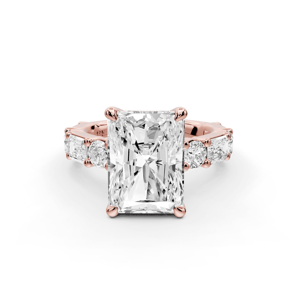 Juliette - 5ct 18k rose gold radiant with Alternating Round and Emerald 8 - Stone Band Engagement Ring - Mr. Alex Jewelry