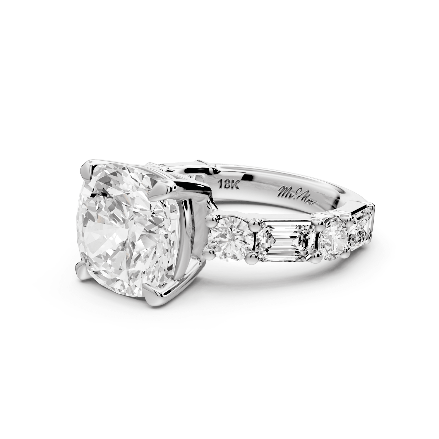 Juliette - 5ct 18k white gold cushion with Alternating Round and Emerald 8 - Stone Band Engagement Ring - Mr. Alex Jewelry
