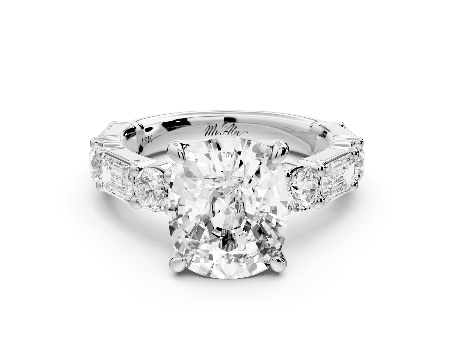 Juliette - 5ct 18k white gold ecushion with Alternating Round and Emerald 8 - Stone Band Engagement Ring - Mr. Alex Jewelry
