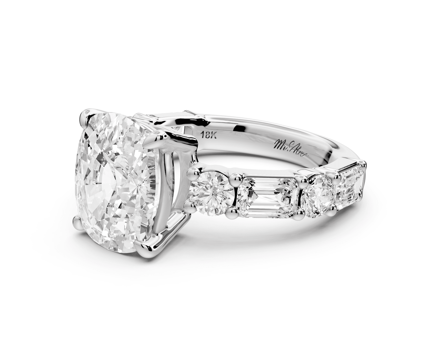 Juliette - 5ct 18k white gold ecushion with Alternating Round and Emerald 8 - Stone Band Engagement Ring - Mr. Alex Jewelry