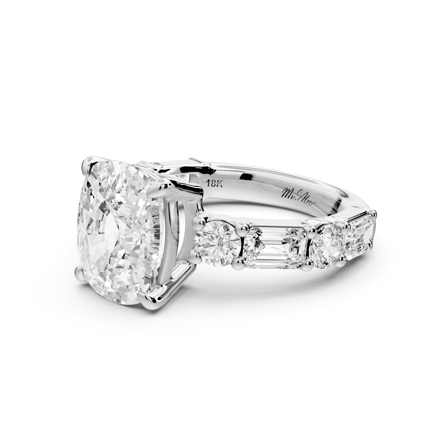 Juliette - 5ct 18k white gold ecushion with Alternating Round and Emerald 8 - Stone Band Engagement Ring - Mr. Alex Jewelry