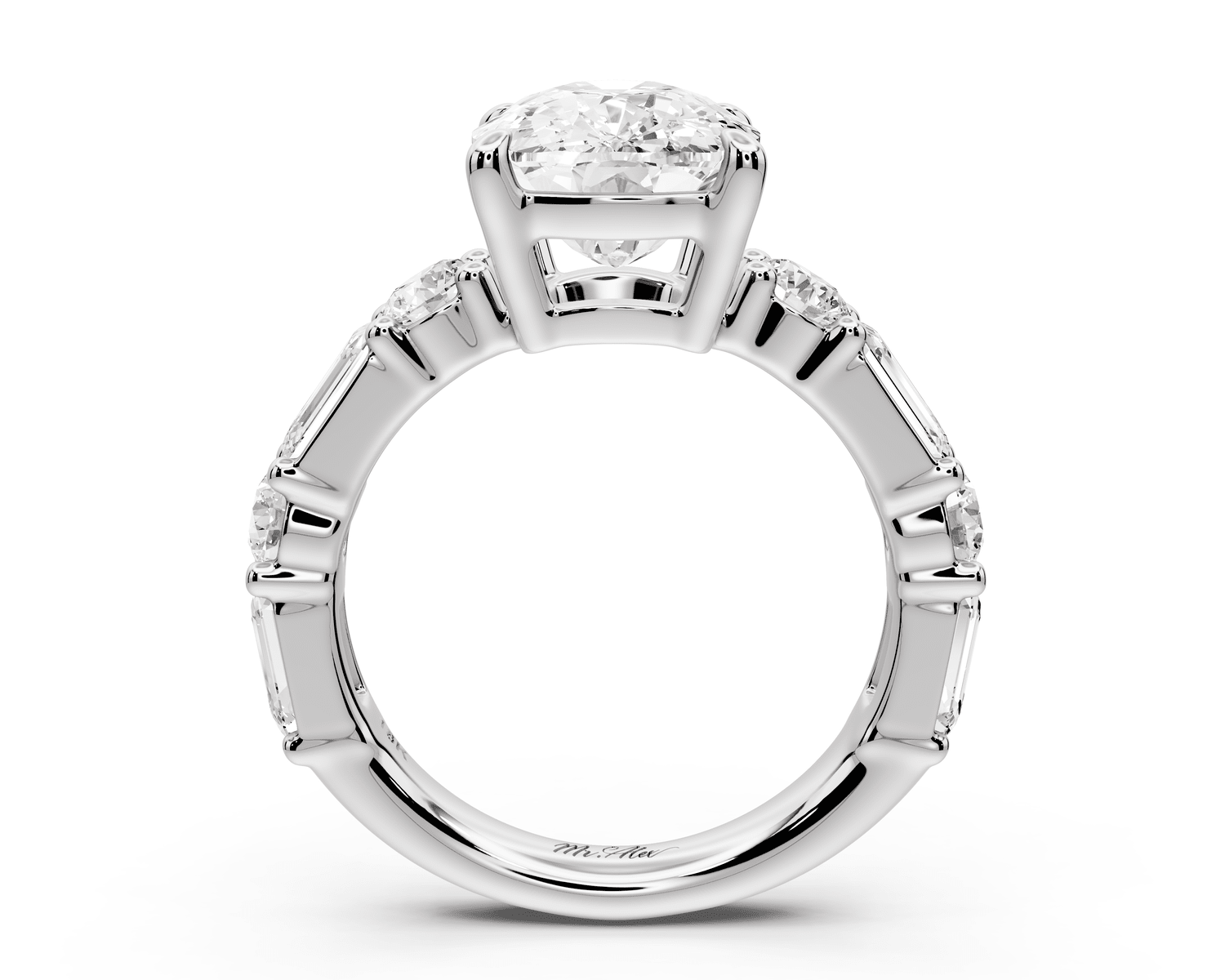 Juliette - 5ct 18k white gold ecushion with Alternating Round and Emerald 8 - Stone Band Engagement Ring - Mr. Alex Jewelry