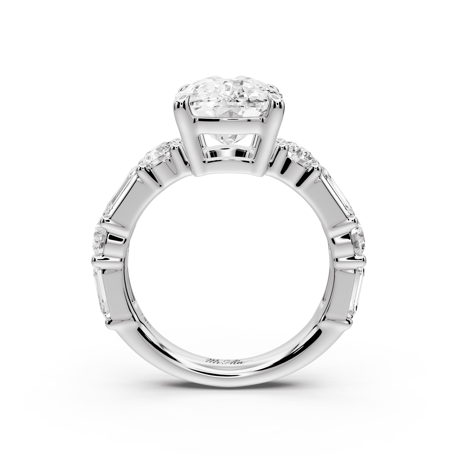 Juliette - 5ct 18k white gold ecushion with Alternating Round and Emerald 8 - Stone Band Engagement Ring - Mr. Alex Jewelry