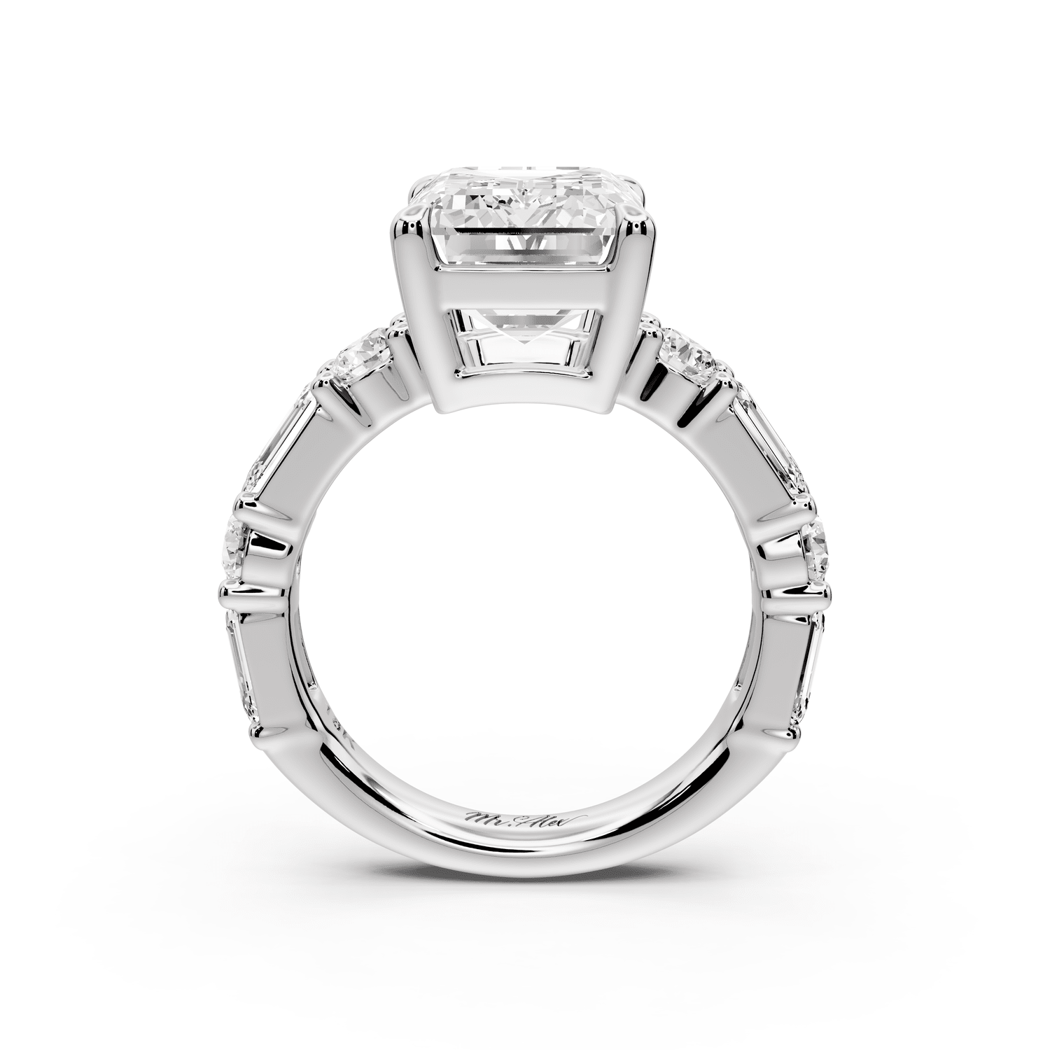 Juliette - 5ct 18k white gold emerald with Alternating Round and Emerald 8 - Stone Band Engagement Ring - Mr. Alex Jewelry