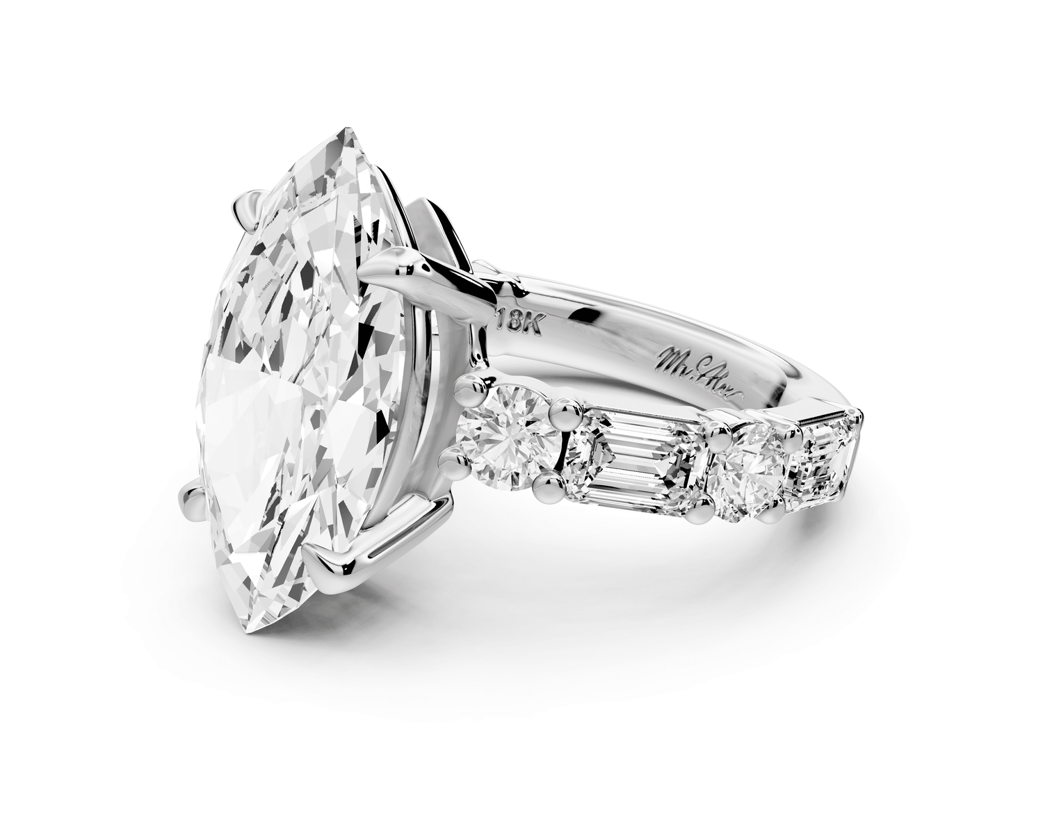 Juliette - 5ct 18k white gold marquise with Alternating Round and Emerald 8 - Stone Band Engagement Ring - Mr. Alex Jewelry