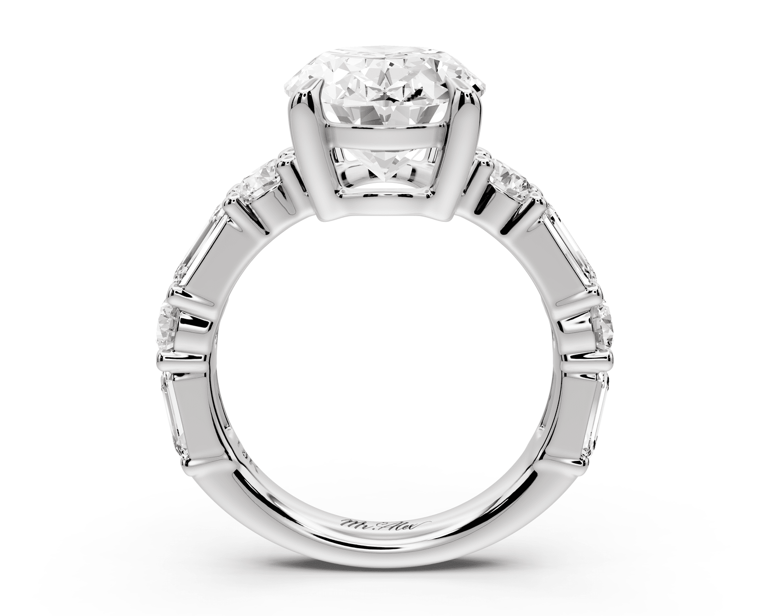 Juliette - 5ct 18k white gold oval with Alternating Round and Emerald 8 - Stone Band Engagement Ring - Mr. Alex Jewelry