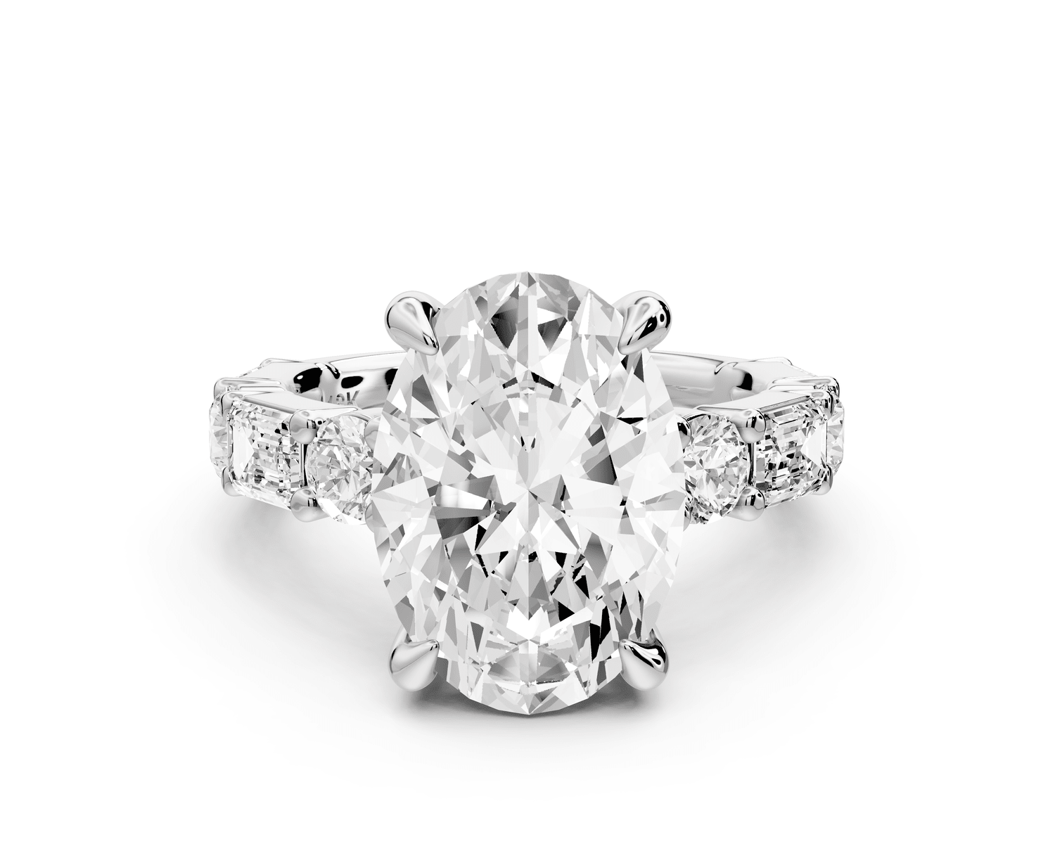Juliette - 5ct 18k white gold oval with Alternating Round and Emerald 8 - Stone Band Engagement Ring - Mr. Alex Jewelry