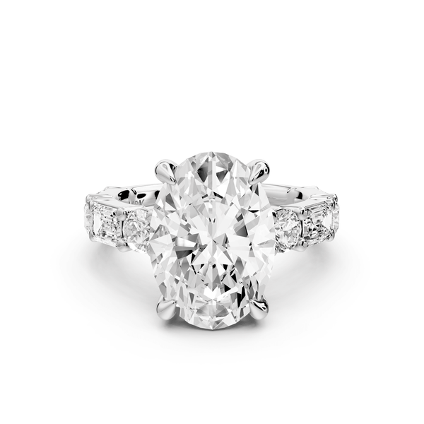 Juliette - 5ct 18k white gold oval with Alternating Round and Emerald 8 - Stone Band Engagement Ring - Mr. Alex Jewelry