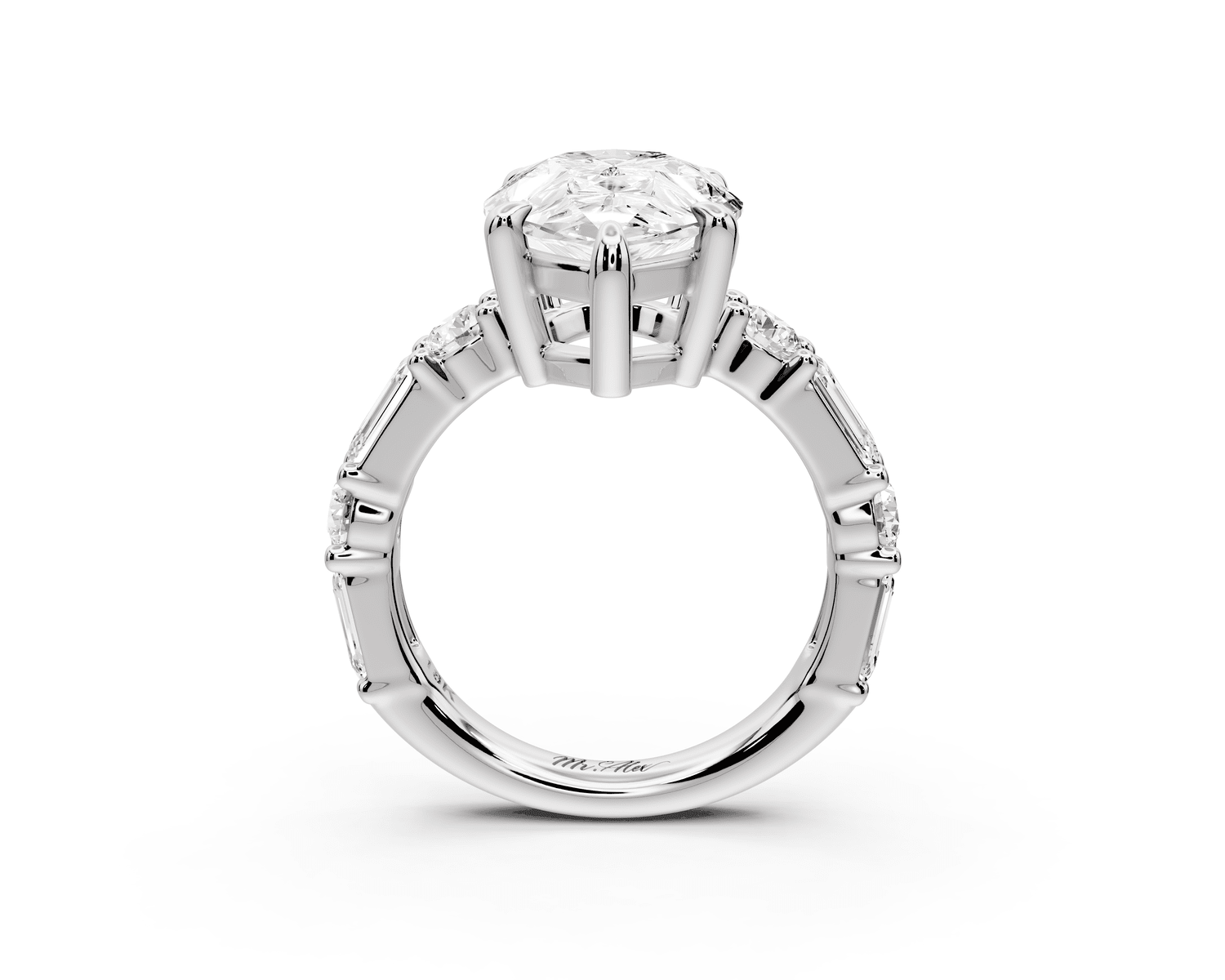 Juliette - 5ct 18k white gold pear with Alternating Round and Emerald 8 - Stone Band Engagement Ring - Mr. Alex Jewelry