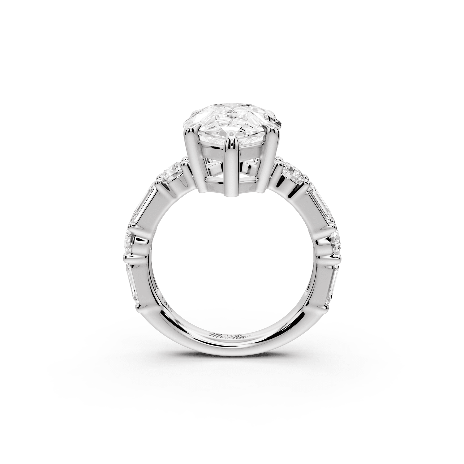 Juliette - 5ct 18k white gold pear with Alternating Round and Emerald 8 - Stone Band Engagement Ring - Mr. Alex Jewelry