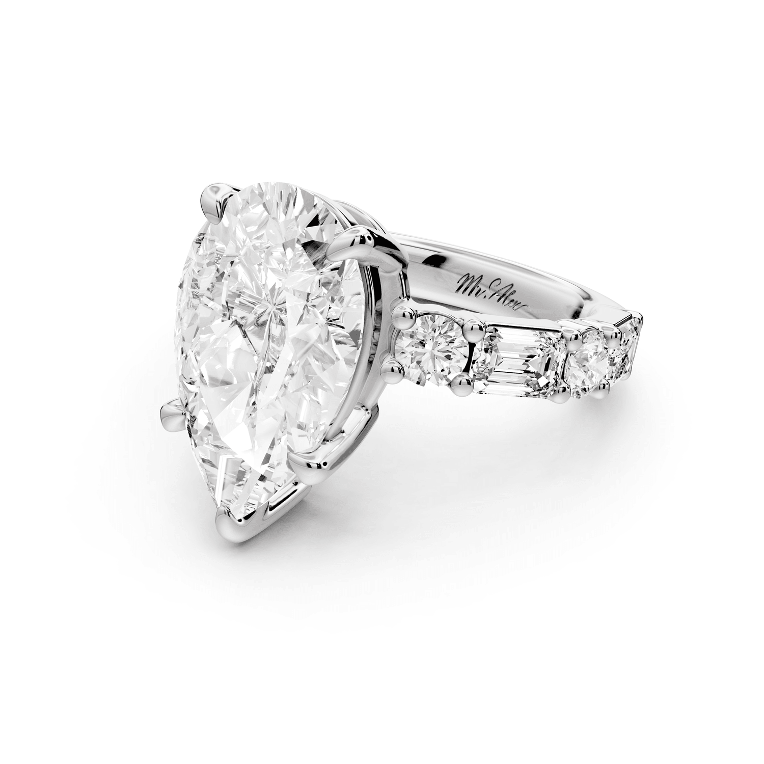 Juliette - 5ct 18k white gold pear with Alternating Round and Emerald 8 - Stone Band Engagement Ring - Mr. Alex Jewelry