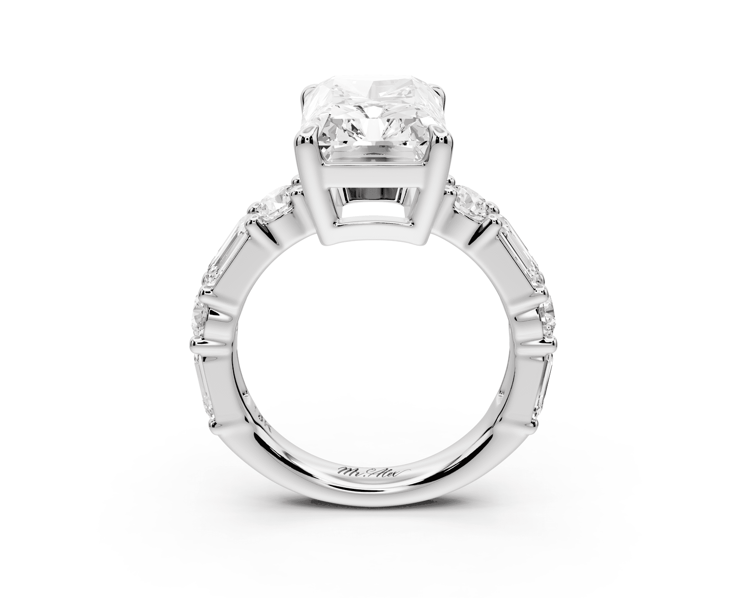 Juliette - 5ct 18k white gold radiant with Alternating Round and Emerald 8 - Stone Band Engagement Ring - Mr. Alex Jewelry