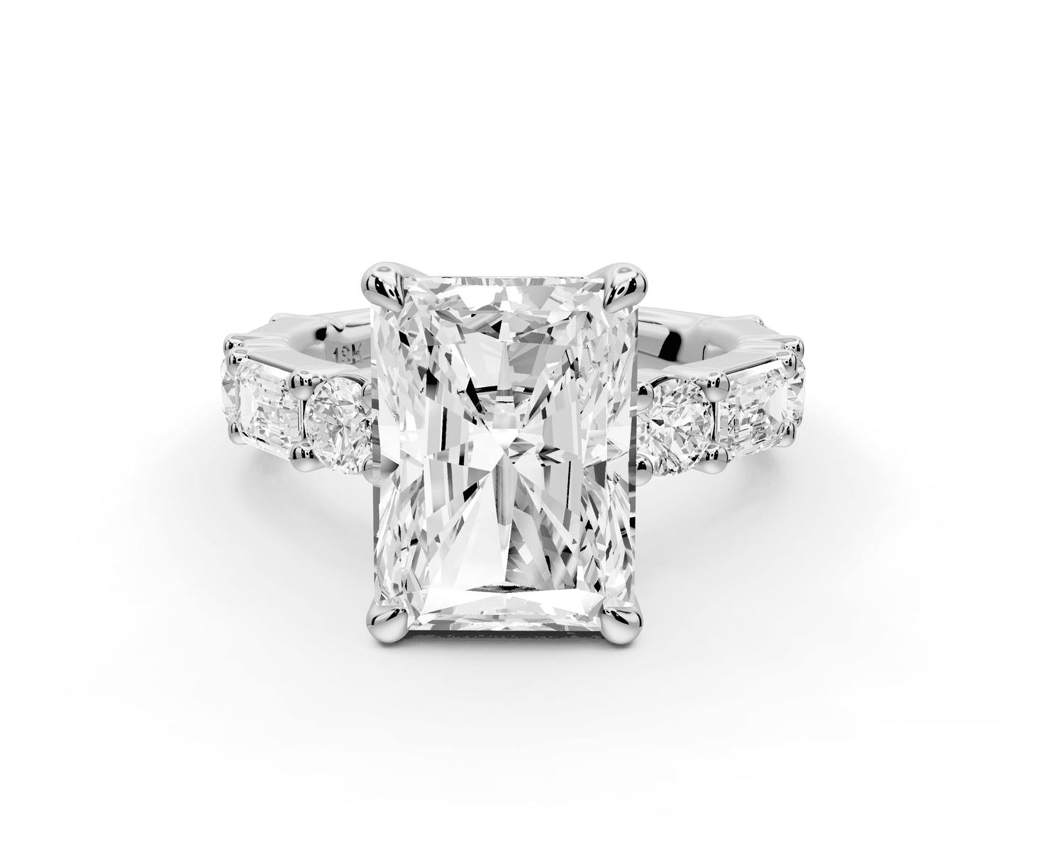 Juliette - 5ct 18k white gold radiant with Alternating Round and Emerald 8 - Stone Band Engagement Ring - Mr. Alex Jewelry