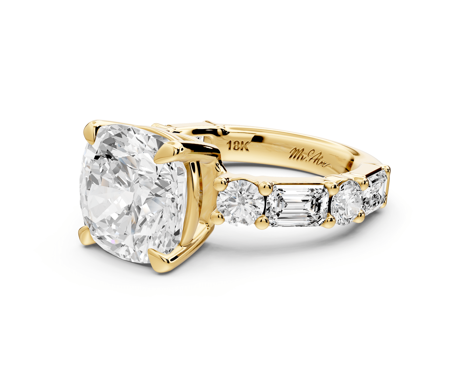 Juliette - 5ct 18k yellow gold cushion with Alternating Round and Emerald 8 - Stone Band Engagement Ring - Mr. Alex Jewelry