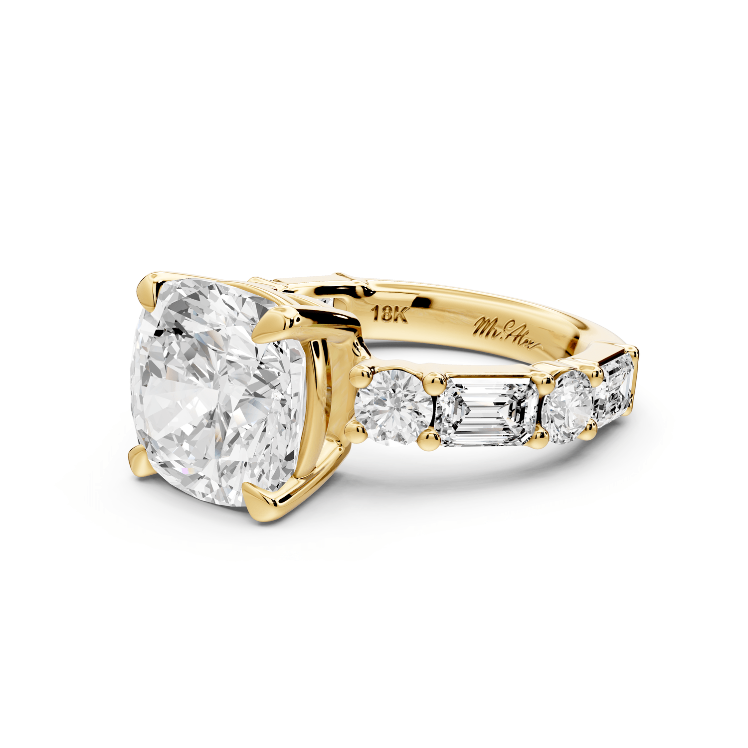 Juliette - 5ct 18k yellow gold cushion with Alternating Round and Emerald 8 - Stone Band Engagement Ring - Mr. Alex Jewelry