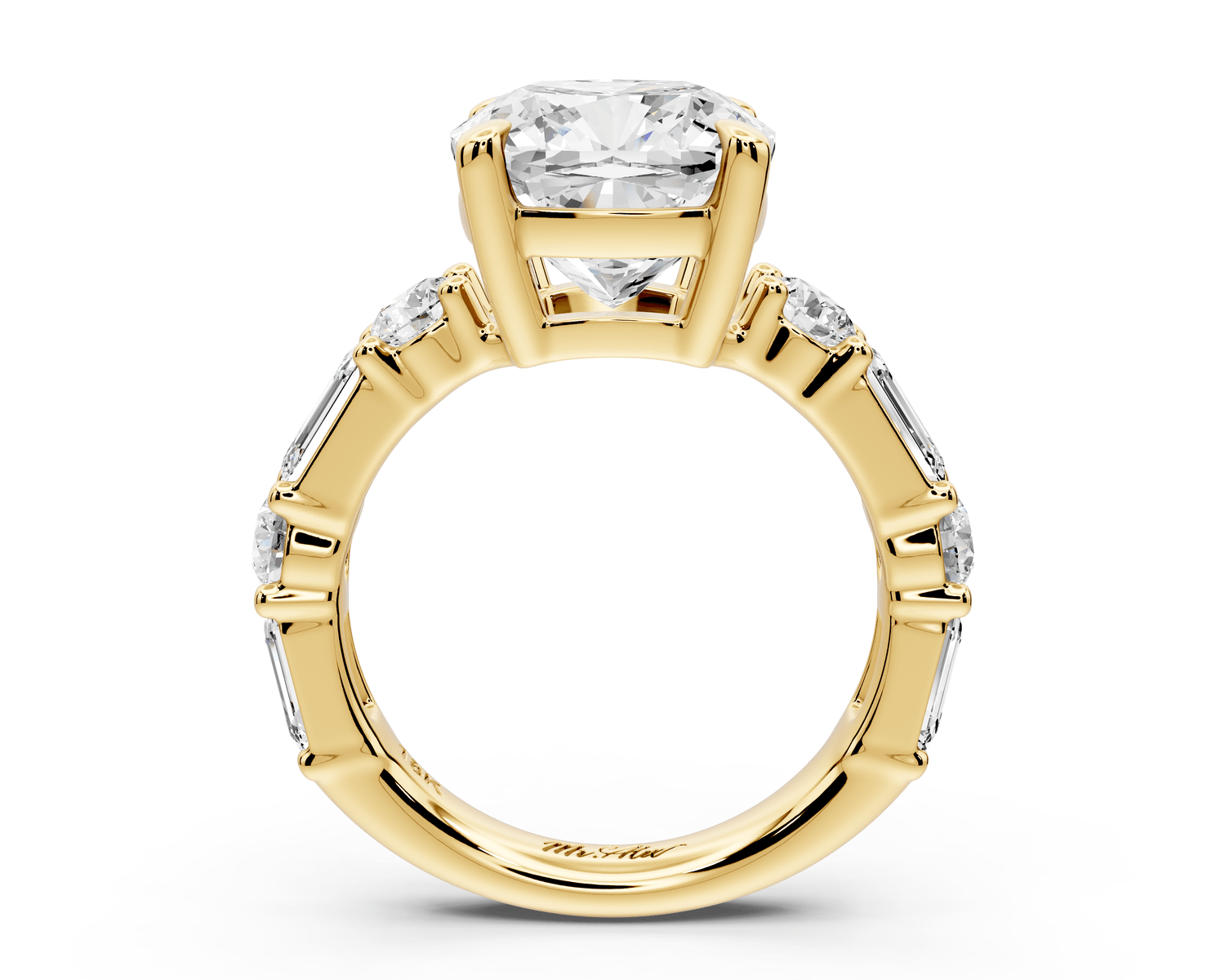 Juliette - 5ct 18k yellow gold cushion with Alternating Round and Emerald 8 - Stone Band Engagement Ring - Mr. Alex Jewelry