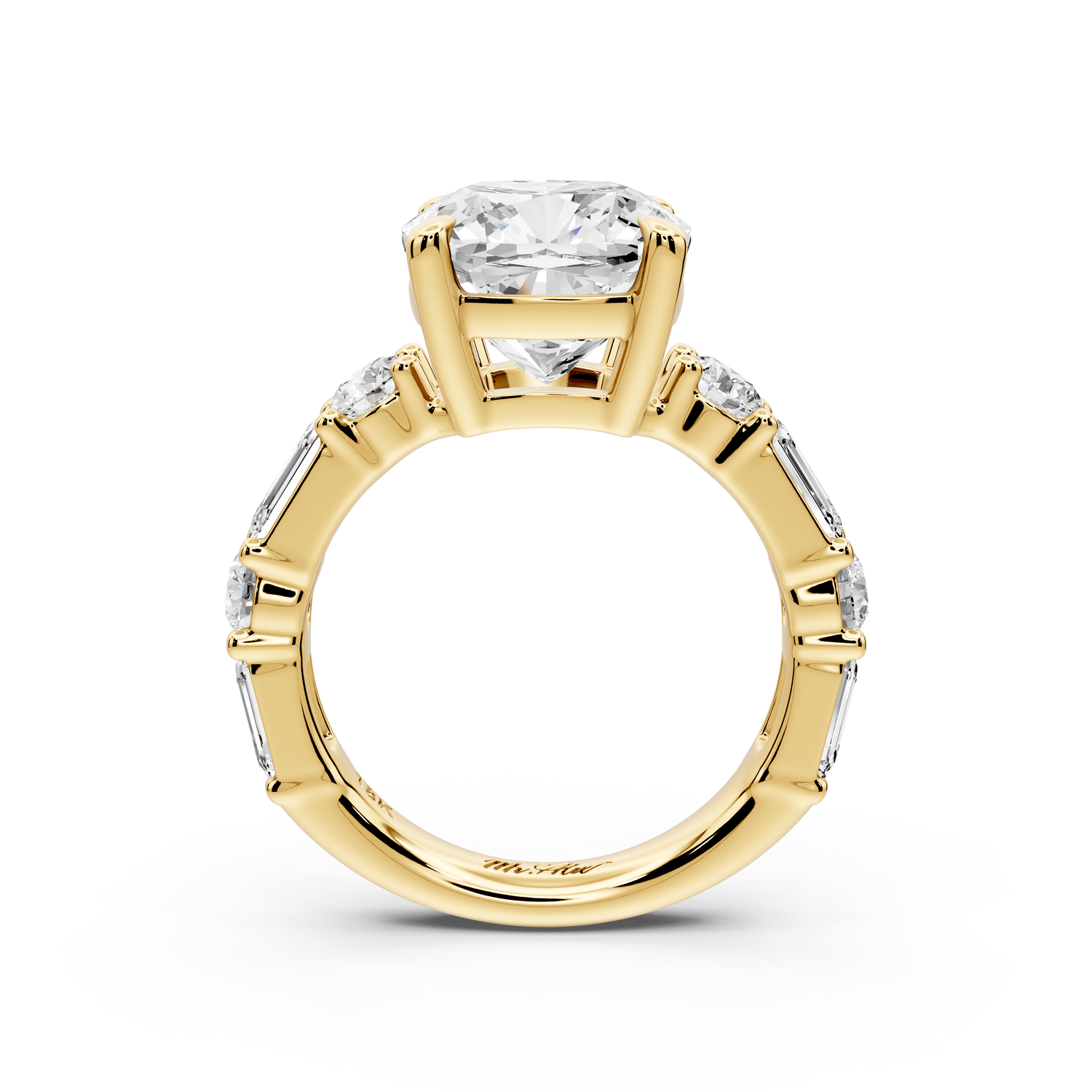 Juliette - 5ct 18k yellow gold cushion with Alternating Round and Emerald 8 - Stone Band Engagement Ring - Mr. Alex Jewelry
