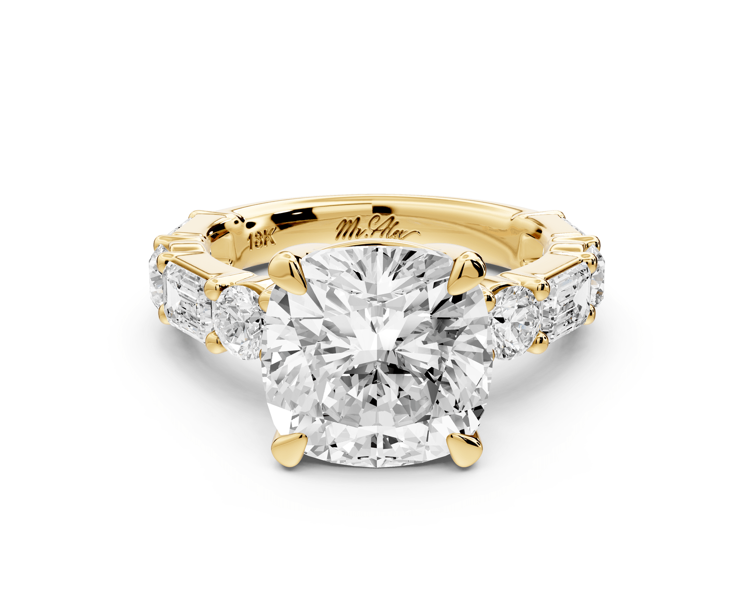 Juliette - 5ct 18k yellow gold cushion with Alternating Round and Emerald 8 - Stone Band Engagement Ring - Mr. Alex Jewelry