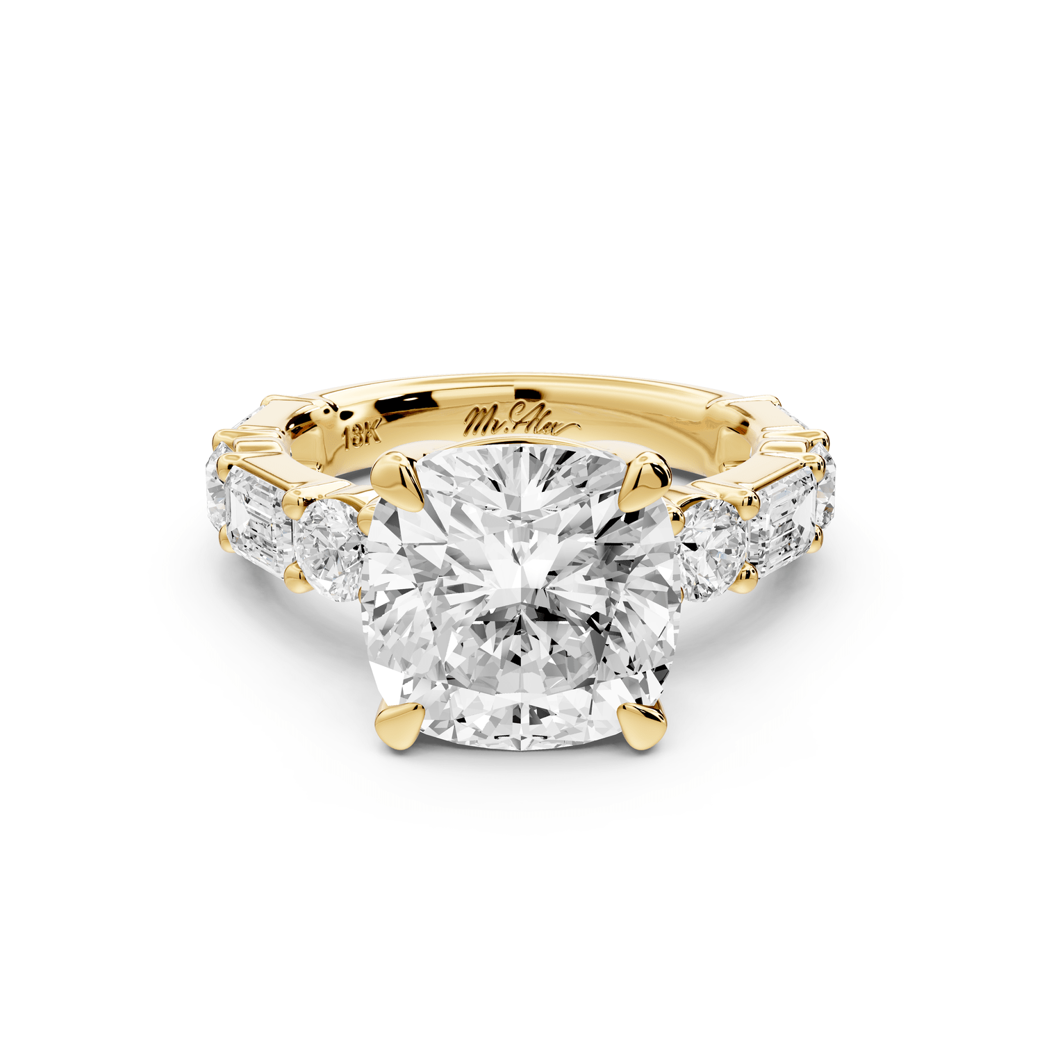 Juliette - 5ct 18k yellow gold cushion with Alternating Round and Emerald 8 - Stone Band Engagement Ring - Mr. Alex Jewelry