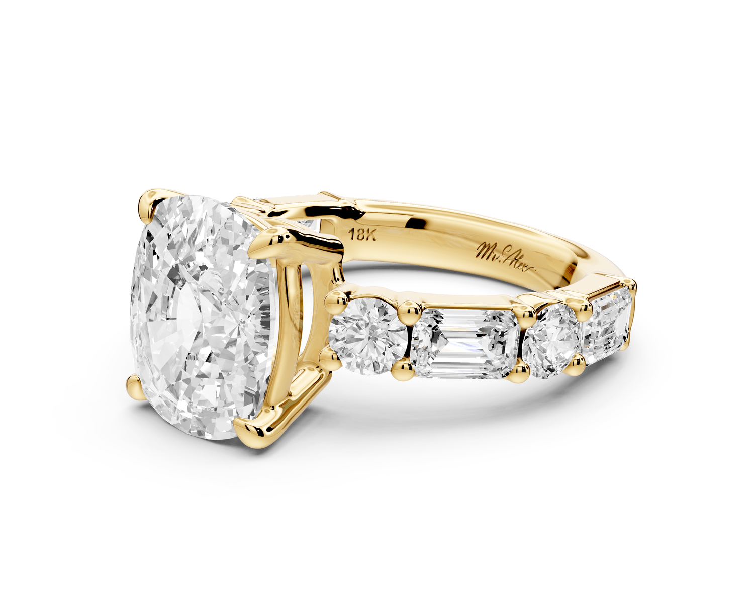 Juliette - 5ct 18k yellow gold ecushion with Alternating Round and Emerald 8 - Stone Band Engagement Ring - Mr. Alex Jewelry