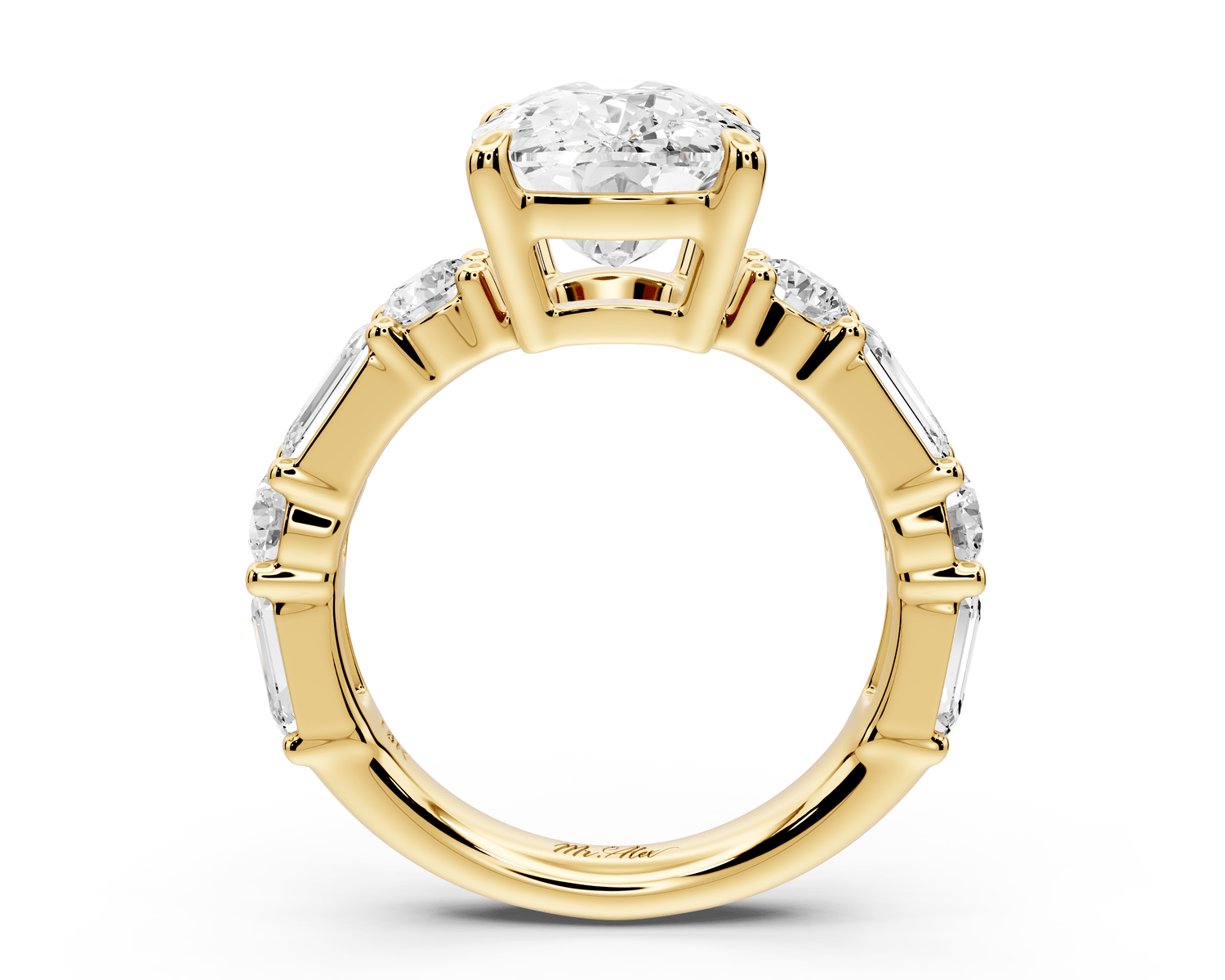 Juliette - 5ct 18k yellow gold ecushion with Alternating Round and Emerald 8 - Stone Band Engagement Ring - Mr. Alex Jewelry