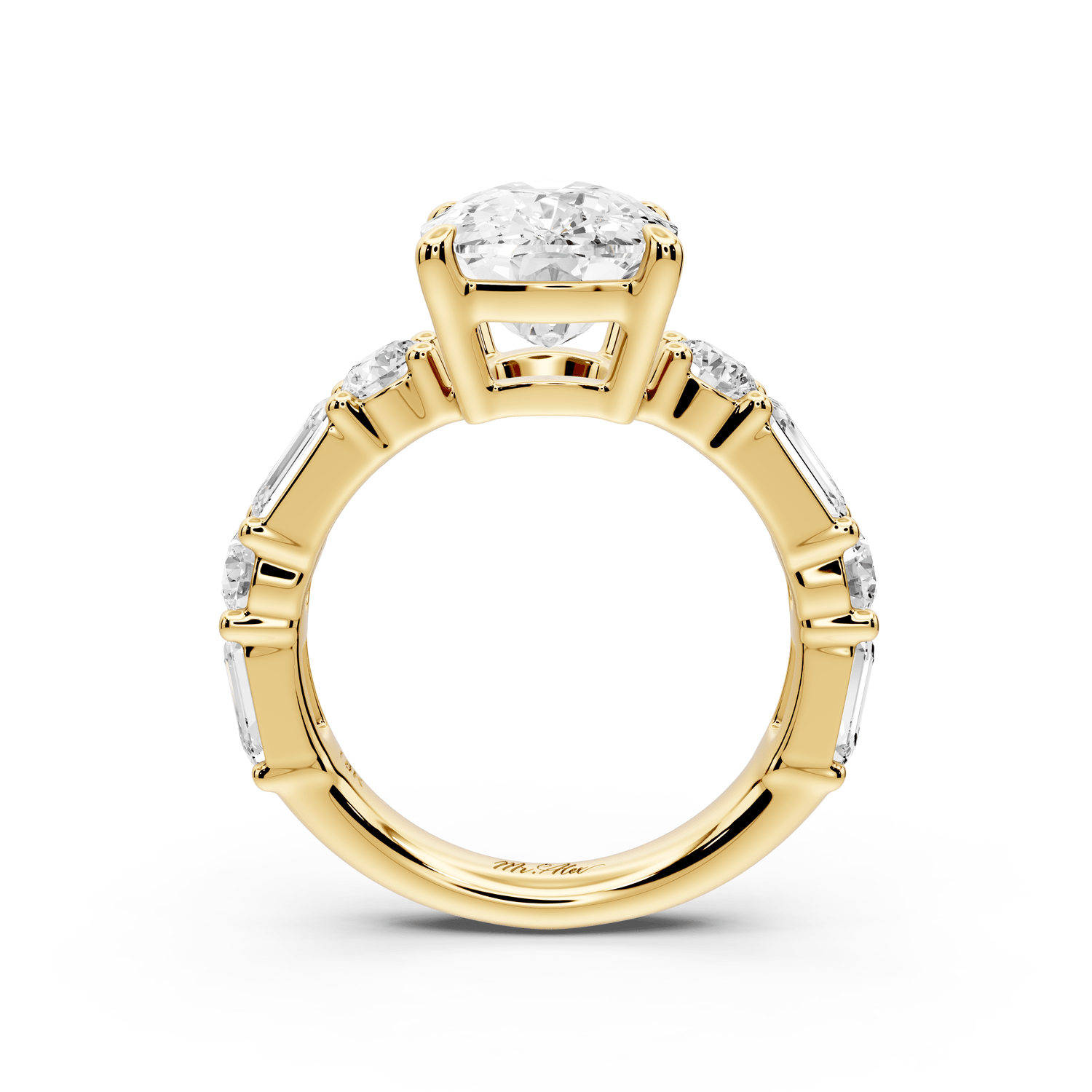 Juliette - 5ct 18k yellow gold ecushion with Alternating Round and Emerald 8 - Stone Band Engagement Ring - Mr. Alex Jewelry