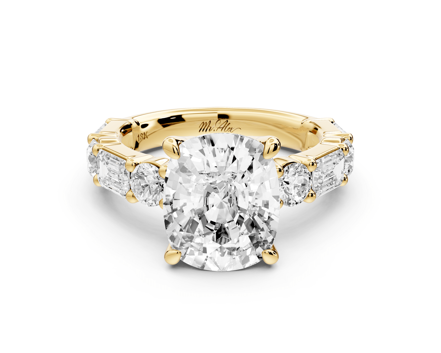 Juliette - 5ct 18k yellow gold ecushion with Alternating Round and Emerald 8 - Stone Band Engagement Ring - Mr. Alex Jewelry