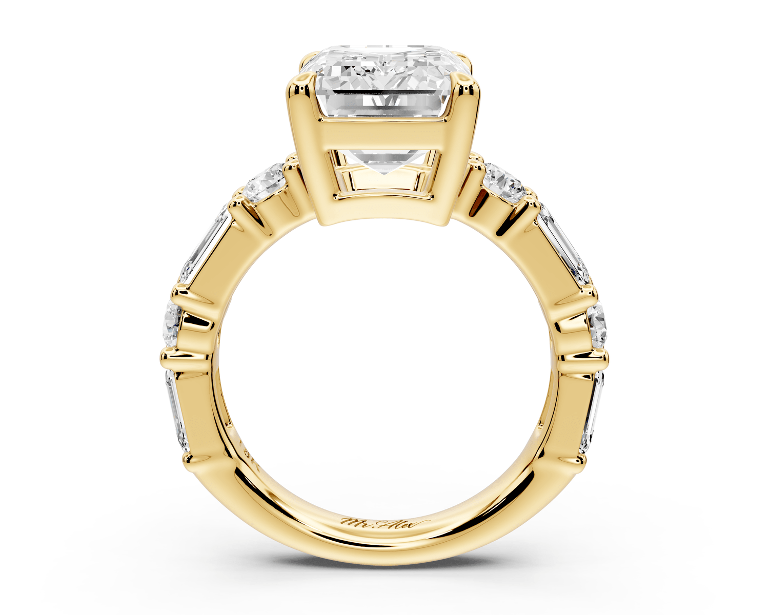 Juliette - 5ct 18k yellow gold emerald with Alternating Round and Emerald 8 - Stone Band Engagement Ring - Mr. Alex Jewelry