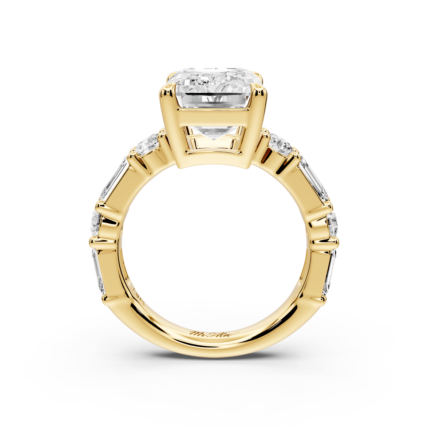Juliette - 5ct 18k yellow gold emerald with Alternating Round and Emerald 8 - Stone Band Engagement Ring - Mr. Alex Jewelry