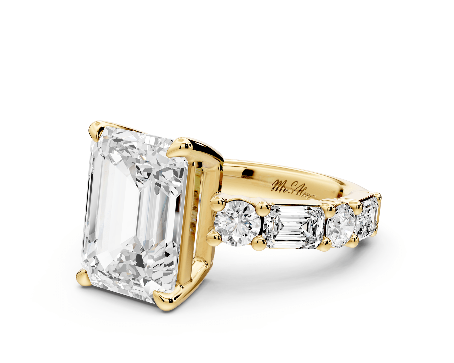 Juliette - 5ct 18k yellow gold emerald with Alternating Round and Emerald 8 - Stone Band Engagement Ring - Mr. Alex Jewelry