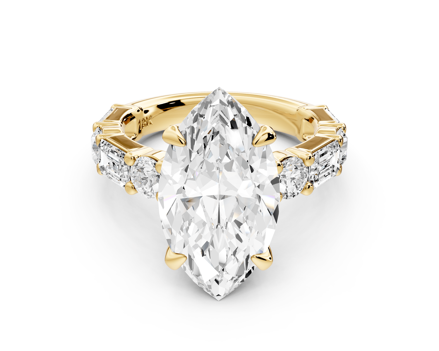 Juliette - 5ct 18k yellow gold marquise with Alternating Round and Emerald 8 - Stone Band Engagement Ring - Mr. Alex Jewelry