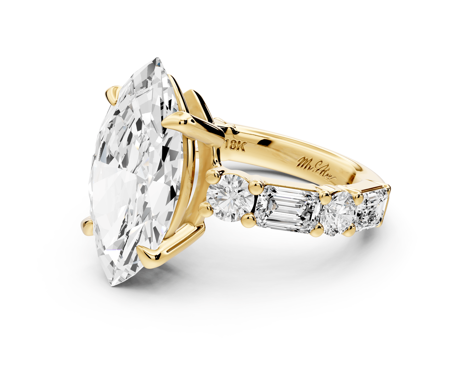 Juliette - 5ct 18k yellow gold marquise with Alternating Round and Emerald 8 - Stone Band Engagement Ring - Mr. Alex Jewelry