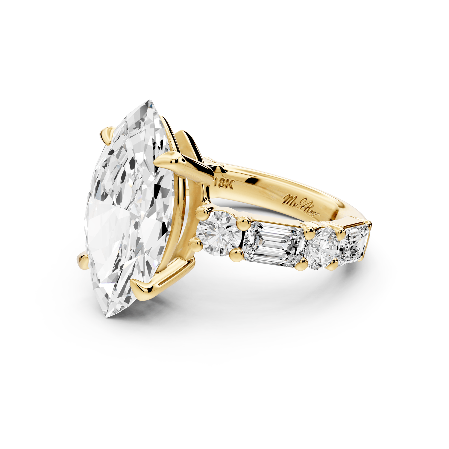 Juliette - 5ct 18k yellow gold marquise with Alternating Round and Emerald 8 - Stone Band Engagement Ring - Mr. Alex Jewelry